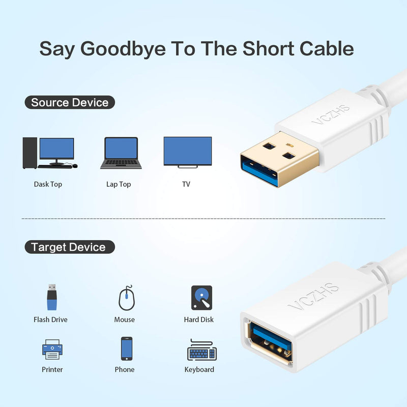 Short USB 3.0 Extension Cable White 1 ft, VCZHS USB 3.0 Male to Female Extension Cable USB 3.0 Extender Cord 1FT - LeoForward Australia