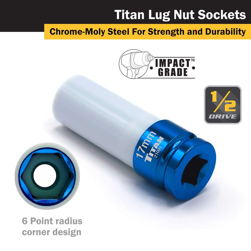  [AUSTRALIA] - TITAN 21091 1/2-Inch Drive x 17mm Non-marring Impact Deep Lug Nut Socket