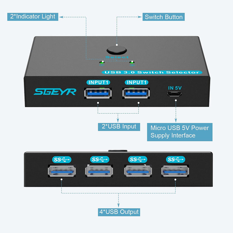  [AUSTRALIA] - SGEYR USB 3.0 Switch USB Switcher 2 Computers Sharing 4 USB Devices USB Metal KVM Switch for Printer, Keyboard switches, Scanner PCs with One-Button Swapping and 2 Pack USB Cables