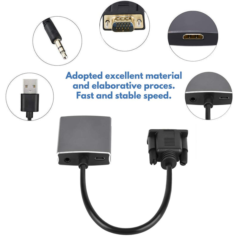  [AUSTRALIA] - VGA to HDMI Adapter, VGA to HDMI Converter (Male to Female) for Computer, Desktop, Laptop, PC, Monitor, Projector, HDTV with Audio Cable and USB Cable (Aluminum Alloy，Grey) Grey