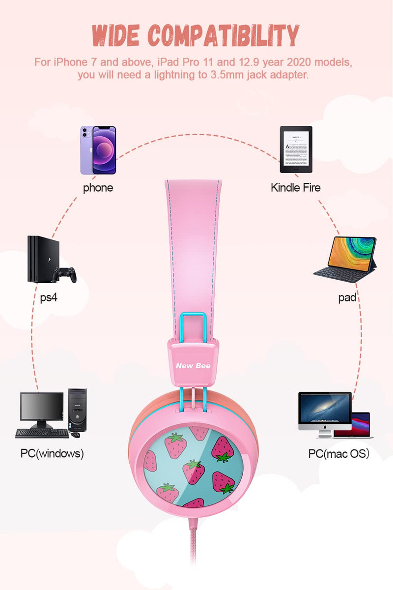  [AUSTRALIA] - Kids Headphones for School with Microphone New bee KH20 HD Stereo Safe Volume Limited 85dB/94dB Foldable Lightweight On-Ear Headphone for PC/Mac/Android/Kindle/Tablet/Pad (Pink) Pink