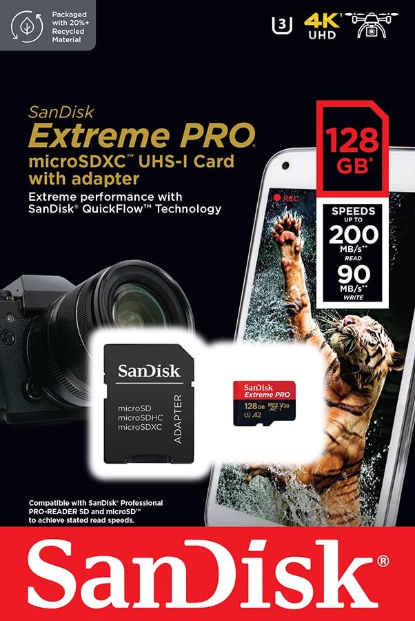  [AUSTRALIA] - SanDisk 128GB Extreme PRO® microSD™ UHS-I Card with Adapter C10, U3, V30, A2, 200MB/s Read 90MB/s Write SDSQXCD-128G-GN6MA