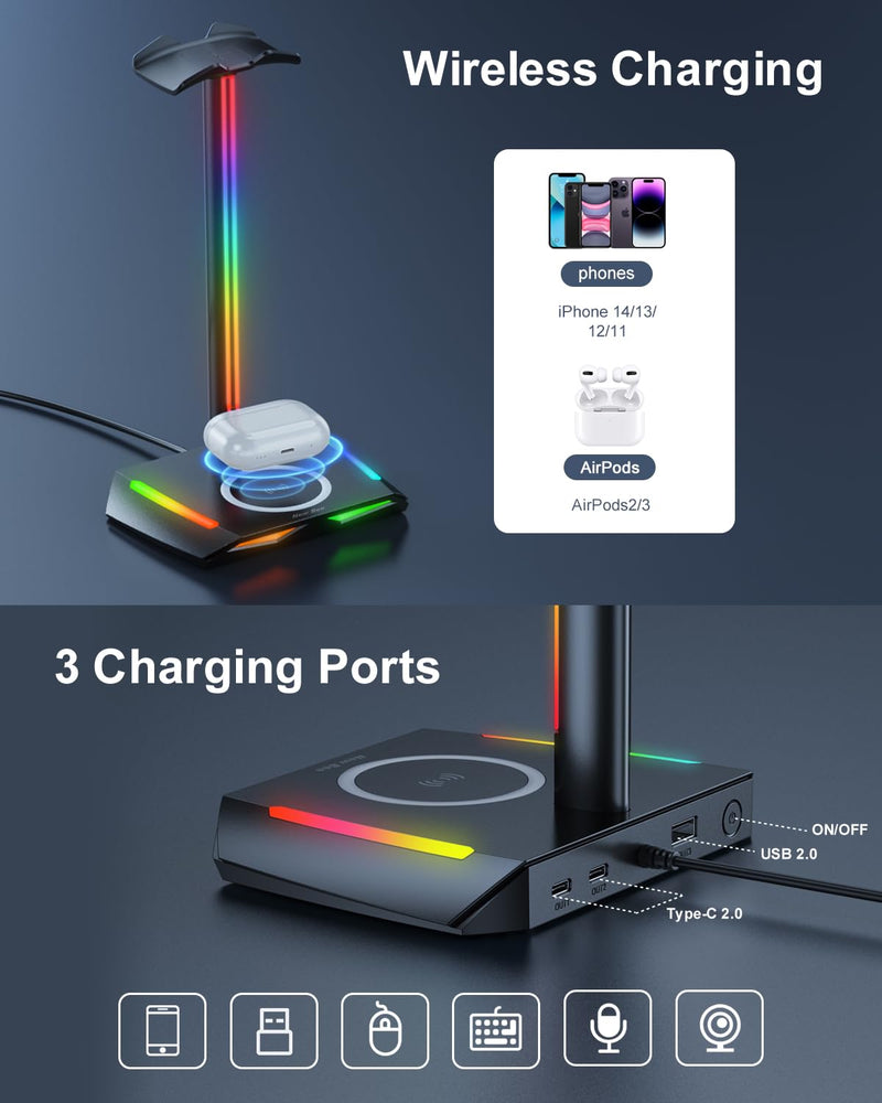  [AUSTRALIA] - New bee RGB Headphone Stand with Wireless Charging and 2 USB-C & 1 USB Charging Ports, Desk Gaming Headset Holder with 7 Light Modes and Non-Slip Rubber Base Suitable for All Earphone Accessories