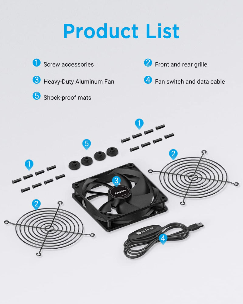  [AUSTRALIA] - Computer Fan, EasyAcc 120mm Cooling PC Fans with 3 Speed Control, Upgrade Quiet USB Fan for Flat Panel TV Receiver DVR Xbox Cabinet CPU Cooler (4 Rubber Feet)