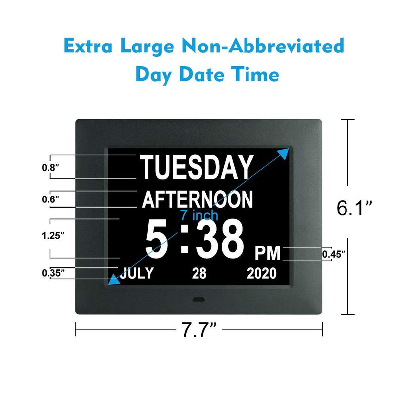  [AUSTRALIA] - 7 Inch Extra Large Non-Abbreviated Day Date & Month Digital Day Calendar Clocks with Auto-Dimming 8 Alarm Reminders Dementia Clock for Senior Elderly impaired Vision 7005 black