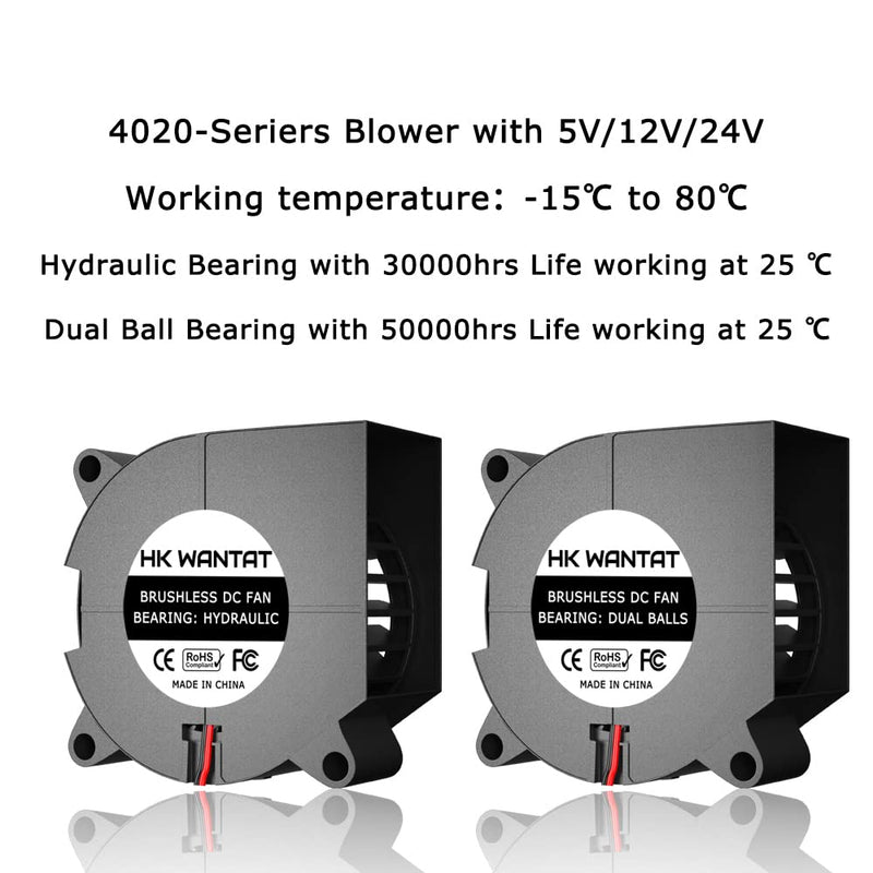  [AUSTRALIA] - 3Pcs HKWANTAT Dual Ball Bearings Brushless DC Cooling 40mm Blower Fan 24v 4020 40x40x20mm 2-Pin Blower-24V-Ball