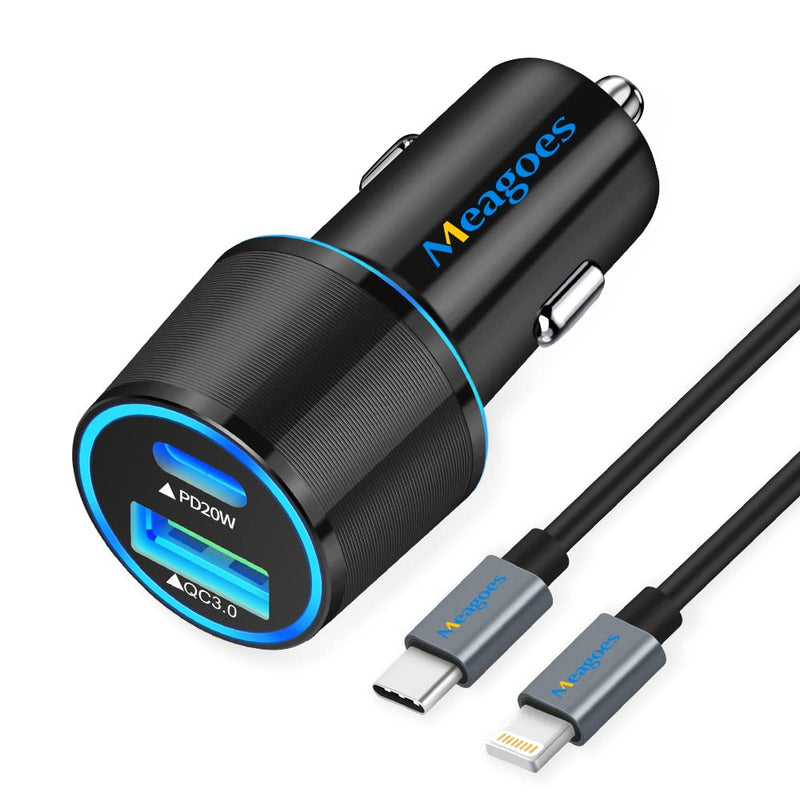  [AUSTRALIA] - Fast USB C Car Charger, Meagoes 20W PD Rapid Charging Adapter Compatible for Apple iPhone 14 Pro Max/14 Pro/14 Plus/14/13/12/Mini/11/XS/XR/X/8 Plus/SE 3-3.3ft MFi Certified Type C to Lightning Cable Black