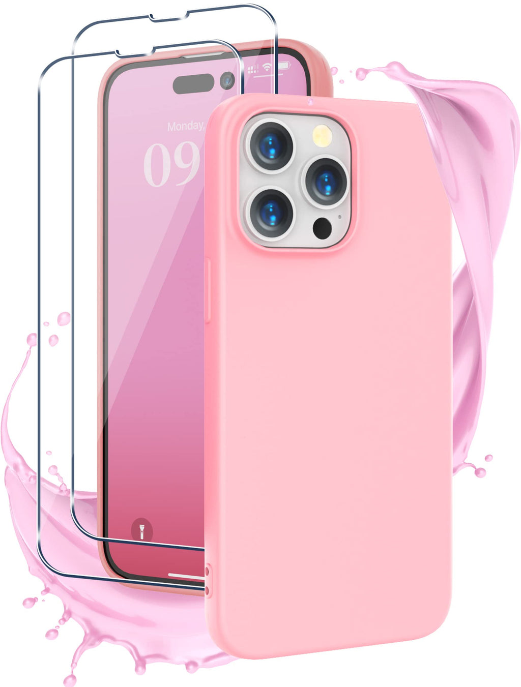  [AUSTRALIA] - JIC-Bundle - (for iPhone 14 Pro Max) - Soft Silicone Case + 2 Screen Protectors + Screen Polishing Cloth - Peach Pink