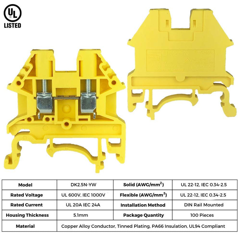 ICI Dinkle Power Distribution DK2.5N-YW 10 Gang Box Connector DIN Rail Terminal Blocks, 12-22 AWG, 20 Amp, 600 Volt Solar Combiner Yellow - LeoForward Australia