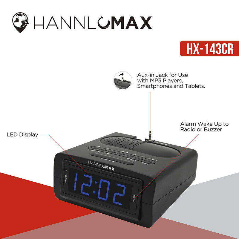 HANNLOMAX HX-143CR Alarm Clock Radio, PLL AM/FM Radio, 0.9" Blue LED Display, Aux-in - LeoForward Australia