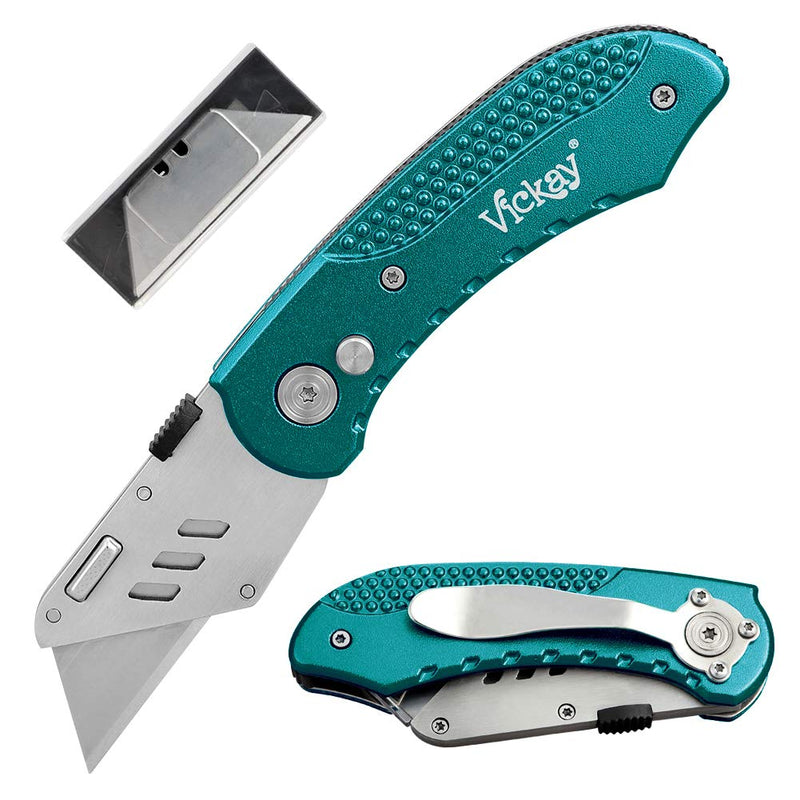  [AUSTRALIA] - Box Cutter Knife Utility Knife with 5 SK5 Quick Change Blades, Safety Axis Lock Design Razor Knife, Lightweight Aluminum Body Belt Clip for Office Viridian Green