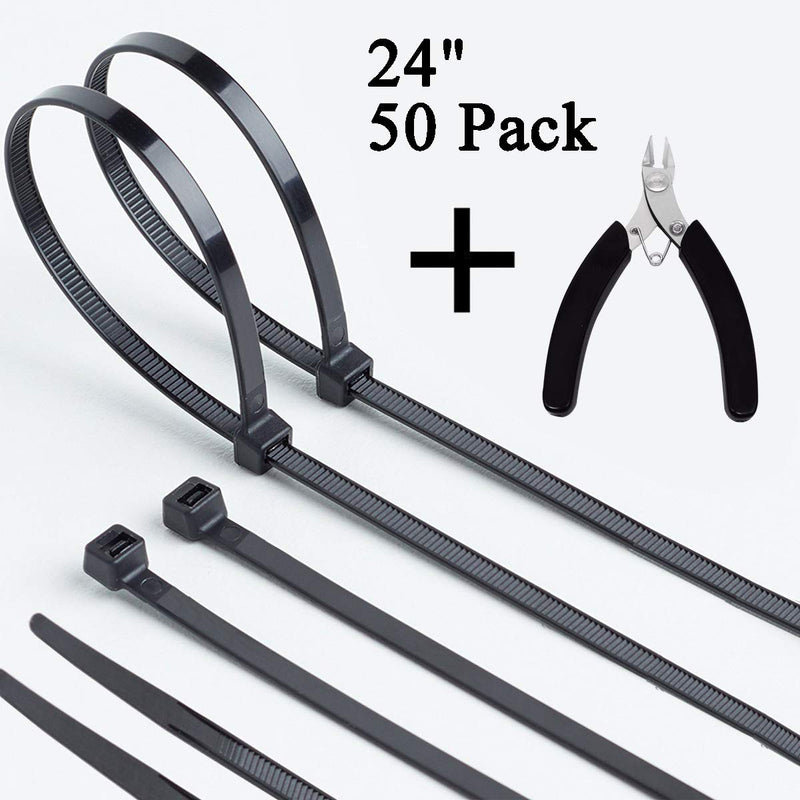  [AUSTRALIA] - Honyear 24 Inch Cable Zip Ties Heavy Duty (with Wire Cable Cutters), Strong Large Black Zip Ties with 175 Pounds Tensile Strength, 50 Pack, Long Durable Nylon Black tie Wraps, Outdoor UV Resistant 24 inch 50pack