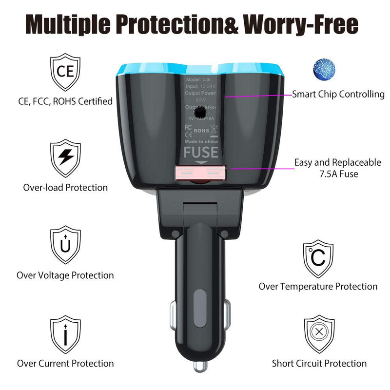  [AUSTRALIA] - USB C Car Charger, Cigarette Lighter Splitter Adapter 2 Socket Type C Multi Power Outlet 12V/24V 80W DC with LED Voltmeter Switch 5.8A Dual USB Port for Mobile Cell Phone GPS Dash Cam