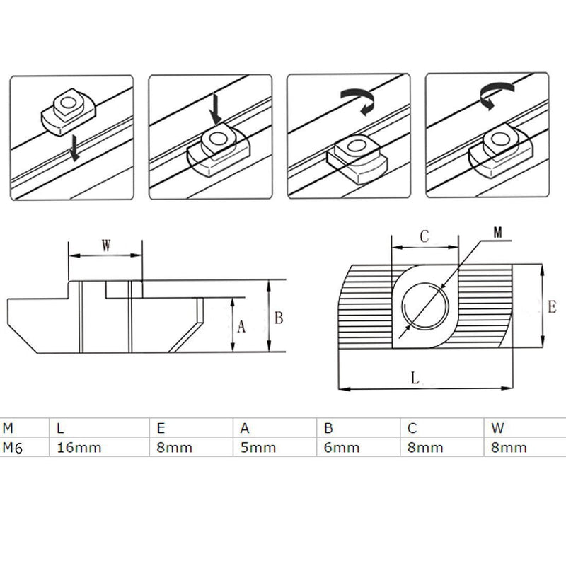  [AUSTRALIA] - PZRT 3030 Series 50-Pack M6 T-Nuts,Carbon Steel Nickel-Plated Half Round Roll in Sliding T Slot Nut 8mm Slot Aluminum Profile Accessories