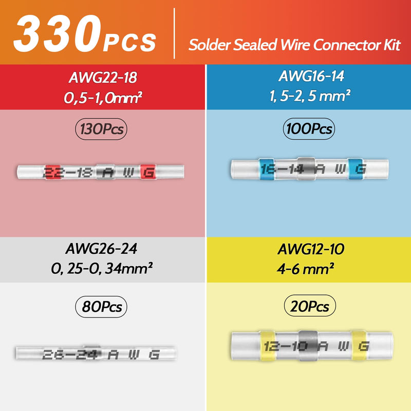  [AUSTRALIA] - AIVORO Pack of 330 solder connectors, 10-26 AWG butt connectors 0.25-6.0 MM², cable connectors, waterproof set, solder connectors with heat shrink tube, suitable for cars and ships, shrink ratio 3:1