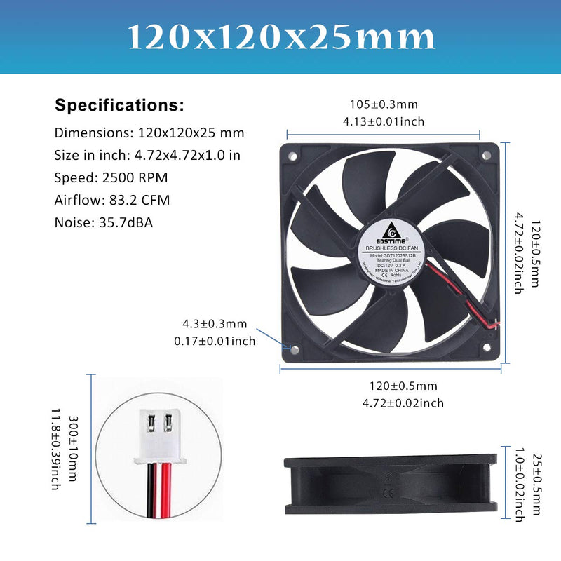  [AUSTRALIA] - GDSTIME Dual Ball Bearings 120mm x 120mm x 25mm 5 inch 12v Brushless DC Cooling Exhaust Fan