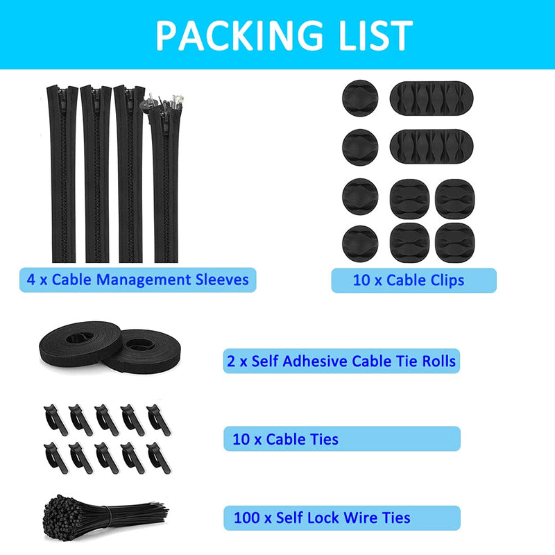 [AUSTRALIA] - 126pcs Cable Management Organizer Kit, 4 Cable Sleeve 10 Reusable Cable Ties 10 Self Adhesive Cable Clips 2 Velcro Cable Tie Rolls 100 Nylon Wire Ties, Cord Organizer for TV Office Home etc (Black)