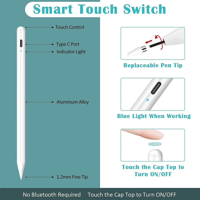  [AUSTRALIA] - Granarbol Stylus Pen for iPad Pencil,Rechargeable Active Stylus Pen Fine Point Digital Stylist Pencil Compatible with iPad/iPad Pro/Mini/Air/ iPhone,Capacitive Touch Screens Cellphone Tablets White