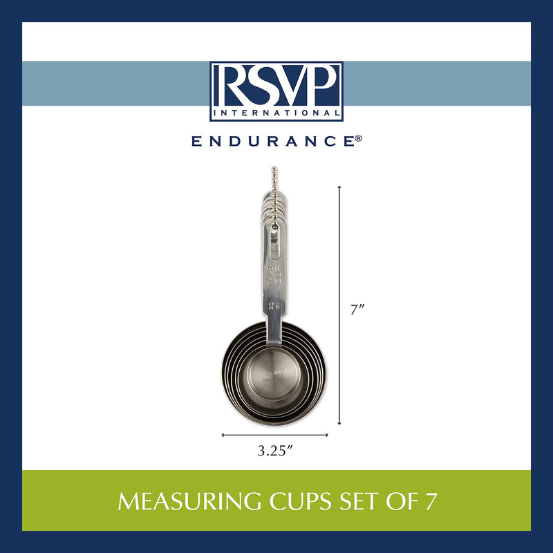 RSVP International Endurance Stainless Steel Measuring Cups, Set of 7 | 1/8 Cup to 1 Cup Measurements | Nest for Easy Storage | Dishwasher Safe | Dry or Liquid | Baking or Cooking 7 Piece, Nesting Cups Silver - LeoForward Australia