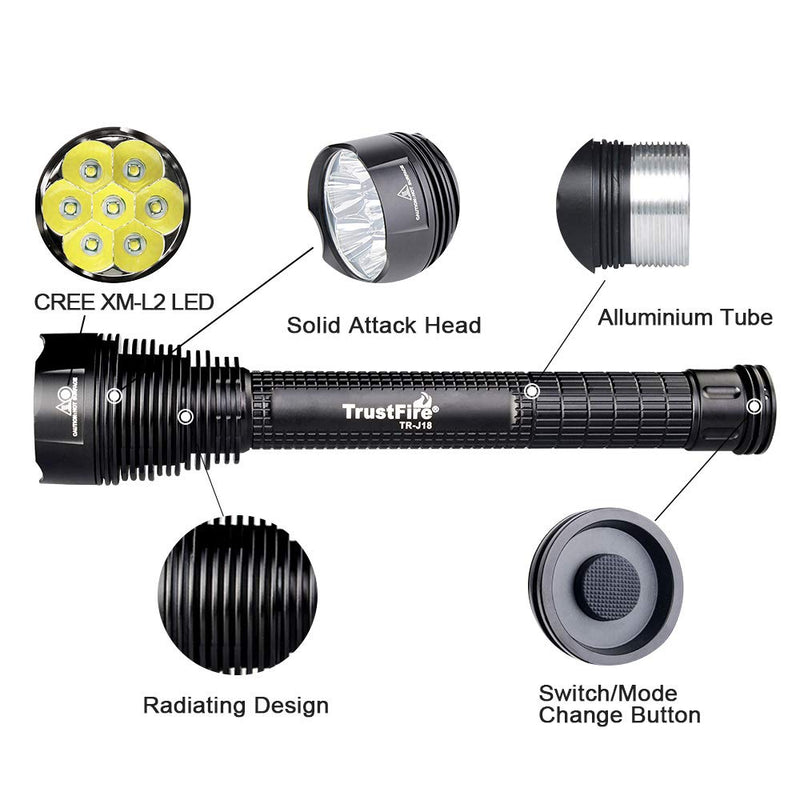 TrustFire 18650 LED Flashlight, J18 Super Bright 8000 Lumens, Water Resistant 5 Light Modes Large Tactical Torch by 2X or 3X 18650 26650 Rechargeable Battery (Battery Not Included) - LeoForward Australia