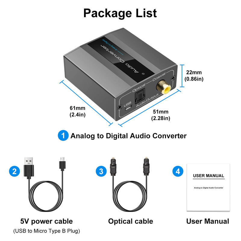  [AUSTRALIA] - Analog to Digital Audio Converter RCA R/L to Optical with Optical Cable 3.5mmAUX Jack to Digital Toslink and Coaxial Audio Adapter for Soundbar