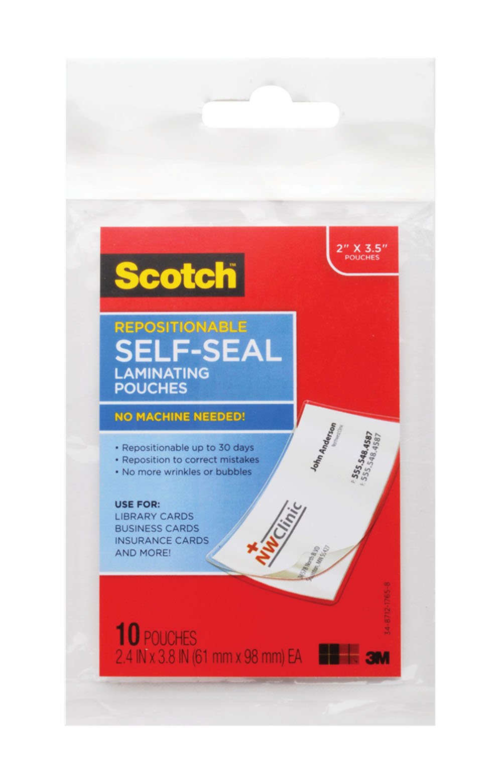  [AUSTRALIA] - Scotch Repositionable Self-Seal Laminating 2.4 x 3.8 Inches Pouch, Business Card Size, 10 Pouches LSR851-10G)