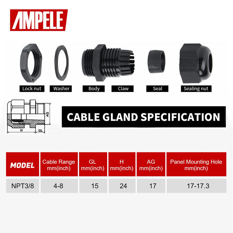 [AUSTRALIA] - AMPELE 20 Pack 3/8'' NPT Cable Gland Waterproof Adjustable 4-8mm/0.16-0.31inch Nylon Cable Glands Joints with Gaskets (3/8", 20 Pack) 3/8'' (20-Pack)