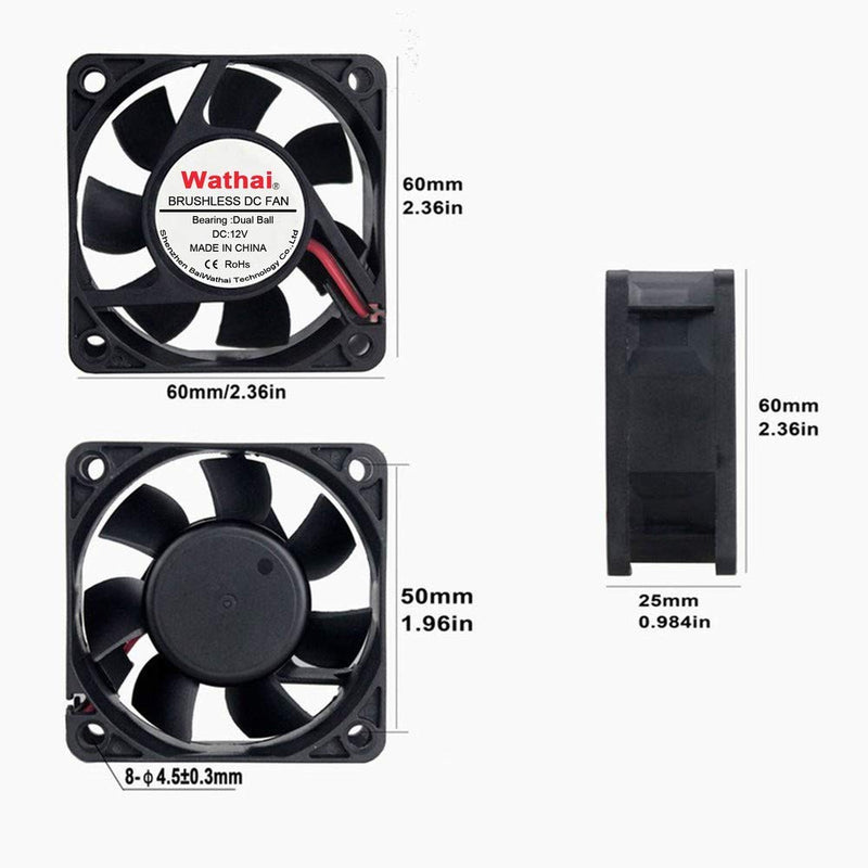  [AUSTRALIA] - Wathai 60mm x 60mm x 25mm 12V 2P Dual Ball DC Case Fan Brushless Cooling Fan 12V Ball