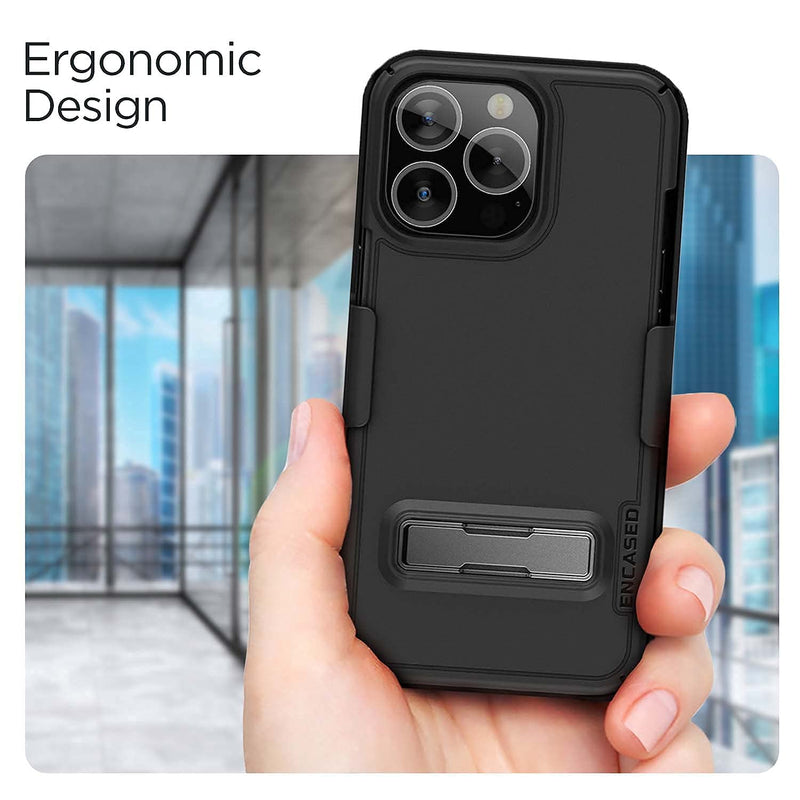  [AUSTRALIA] - Encased Belt Case Designed for iPhone 13 PRO MAX Case with Metal Kickstand and Slimline Holster Clip (Matte Black)