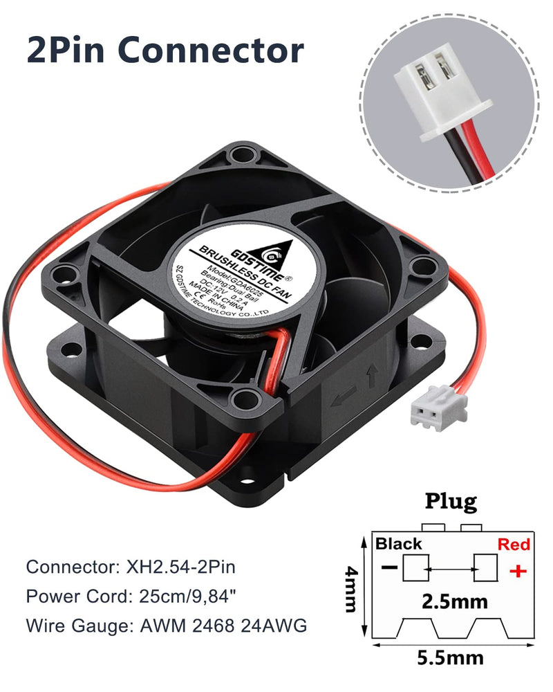  [AUSTRALIA] - GDSTIME 2 Pack 60mm x 60mm x 25mm 12V Dual Ball Bearings DC Brushless Cooling Fan