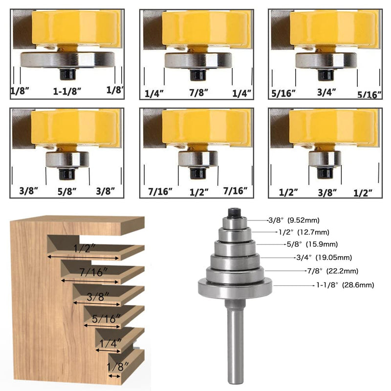  [AUSTRALIA] - Mesee 8mm Shank Rabbeting Bit Set, Rabbet Router Bit, T-Slot Rebate Cutter with 6 Adjustable Bearings, Depths 9.52mm, 12.7mm, 15.9mm, 19.05mm, 22.2mm and 28.6mm Flush Cutter for Wood Engraving Tools
