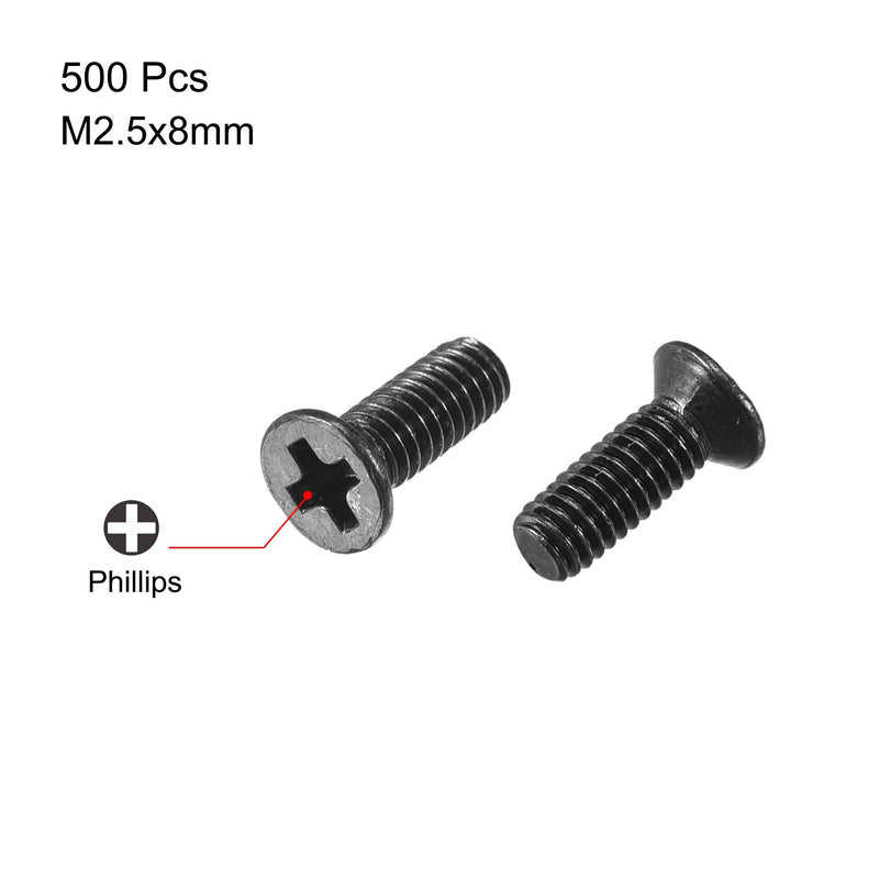  [AUSTRALIA] - uxcell M2.5 x 8mm Phillips Screw Fasteners Black for Laptop PC TV Fan Switch 500pcs M2.5x8mm