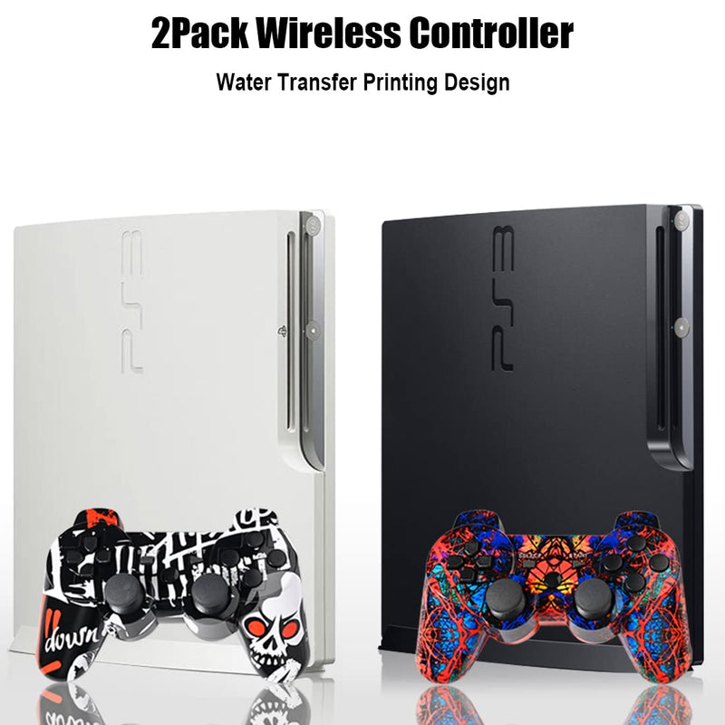  [AUSTRALIA] - Drimoor 2 Pack Wireless Controller for PS3 - Double Vibration Motion Sense Remote Compatible with Playstation 3 with Charging Cable and Thumb Grip Caps 2Pack-Graffiti