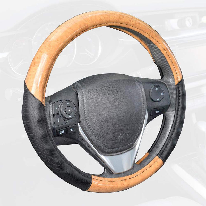  [AUSTRALIA] - BDK ACDelco 2 Tone - Black/Light Wood Grain Soft Microfiber Leather Steering Wheel Cover for Standard Sizes 14.5 15 15.5 2 Tone - Black / Light Wood