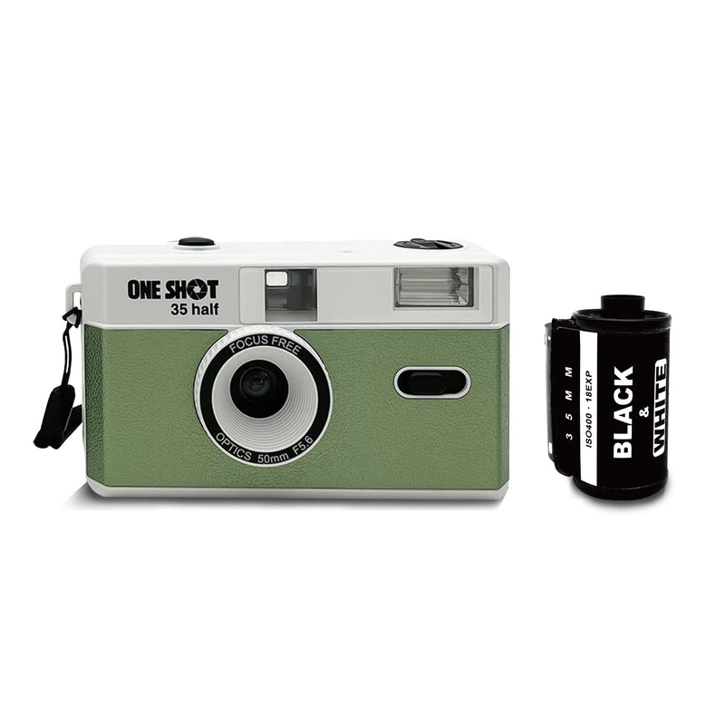  [AUSTRALIA] - 1 Shot Point and Shoot 35mm Film Camera Reusable One Shot Half Frame Camera, Built in Flash, Bundled with One Roll ASA/ISO 400 Black & White Film 18 Exp, Battery is Not Included (Green Color)