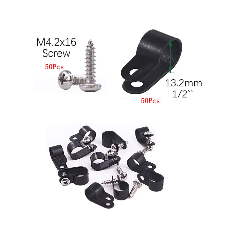  [AUSTRALIA] - 50Pcs 1/2 Inch Black R-Type Cable Clip, Nylon Wire Clamp with 50Pcs Screws Mounting for Wire Pipe Management