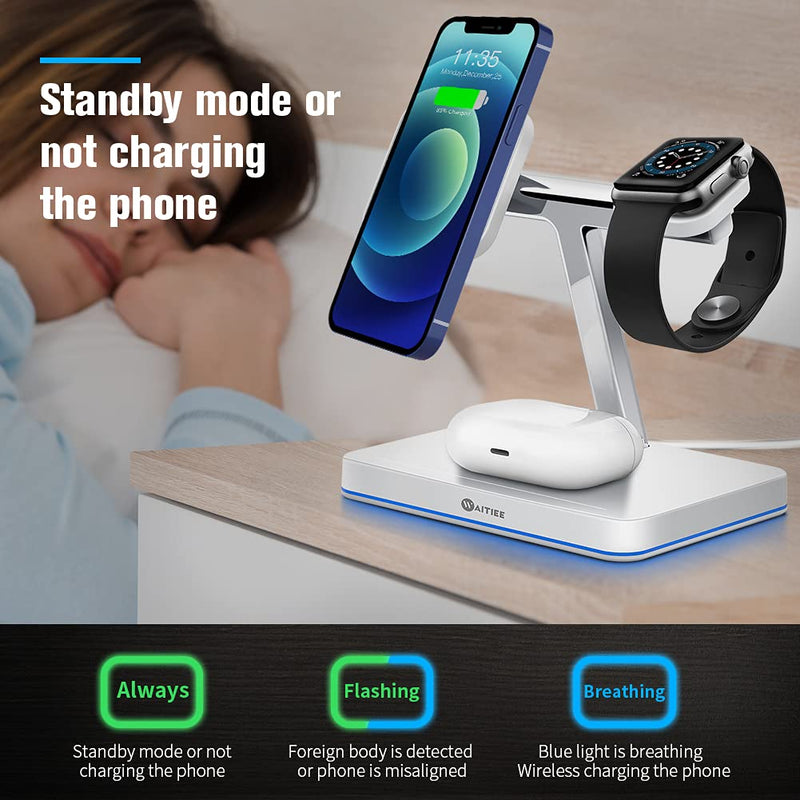  [AUSTRALIA] - WAITIEE 3 in 1 Magnetic Charger Wireless Charging Station Compatible with iPhone 13/13pro/13 promax/13mini/12/12 Pro/12 Pro Max/12 Mini,iWatch SE/6/5/4/3/2, Airpods 2/Pro with QC 3.0 Adapter white