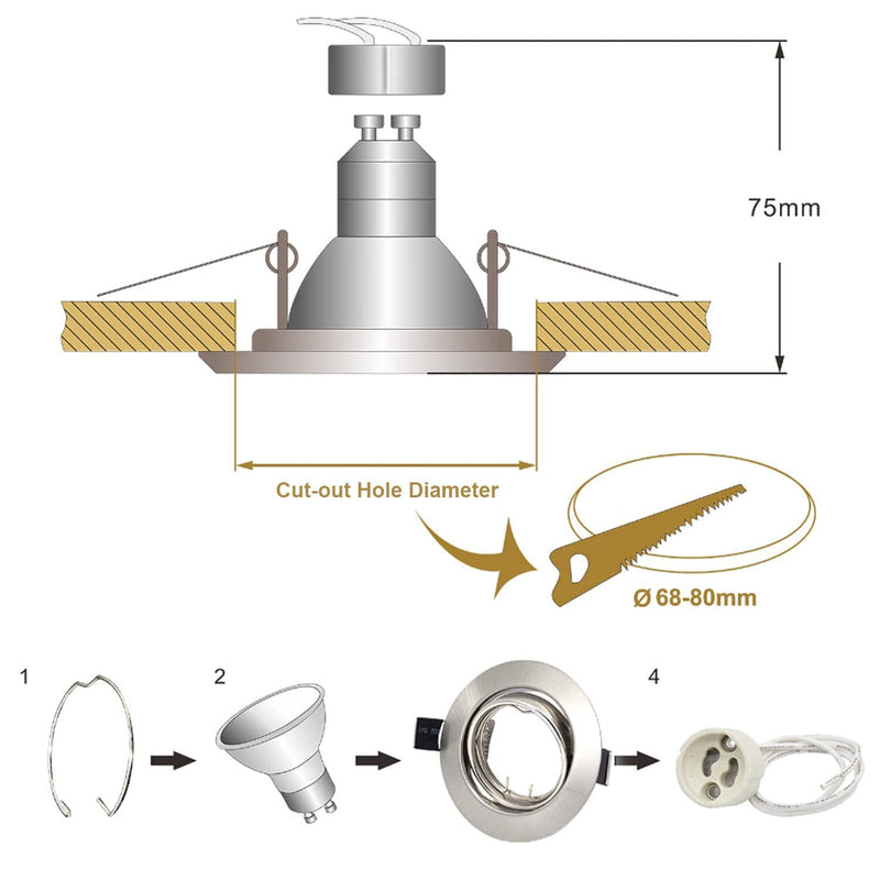  [AUSTRALIA] - Wondlumi Set of 6 LED recessed spotlight frames GU10 swiveling round 230V brushed stainless steel recessed frame ceiling lamp recessed spots including socket for GU10 LED/halogen 6 pieces round