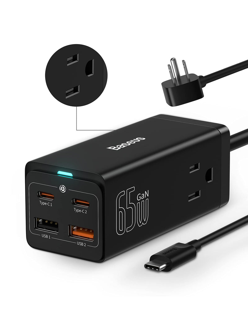  [AUSTRALIA] - USB C Charger Baseus 65W GaN3 USB C Charging Station with 2 Outlets Extender &3 Fast Charging Ports, USB C Wall Charger Compatible with MacBook Laptops iPhone Samsung iPad (100W Type C Cable Included) Black