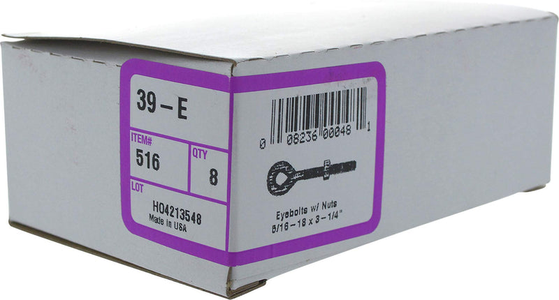  [AUSTRALIA] - The Hillman Group 516 Eyebolts with Nuts, 5/16 x 3 1/4-Inch, 8-Pack,Zinc 3.25 inches