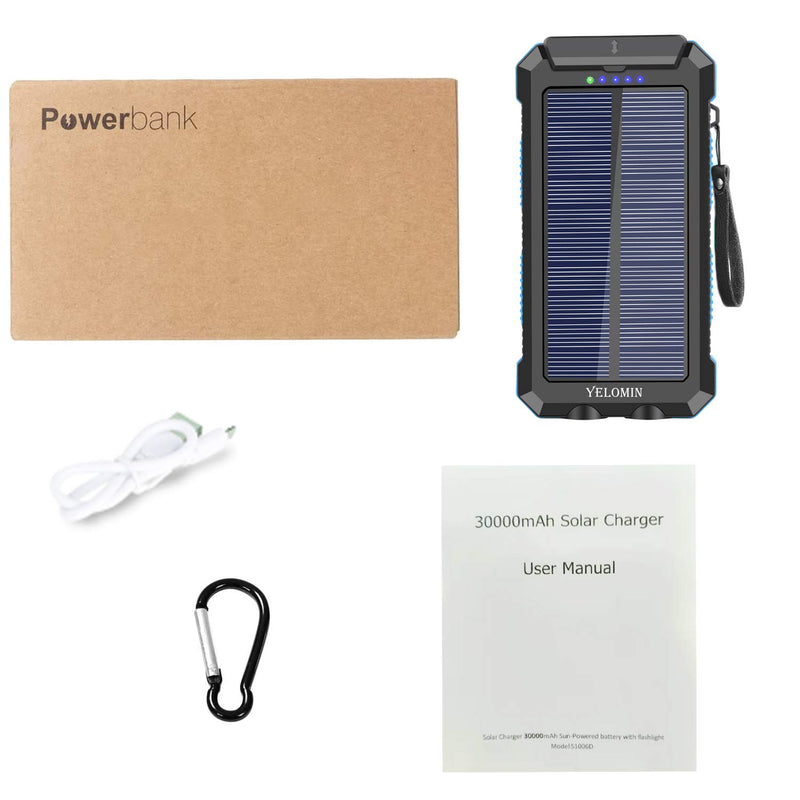 Solar Charger 30000mAh,YELOMIN Portable Outdoor Solar Power Bank with Type-C Input Port Dual Flashlights & USB Outputs External Backup Battery Pack for Cellphones,Tablets and More(Blue) Blue - LeoForward Australia