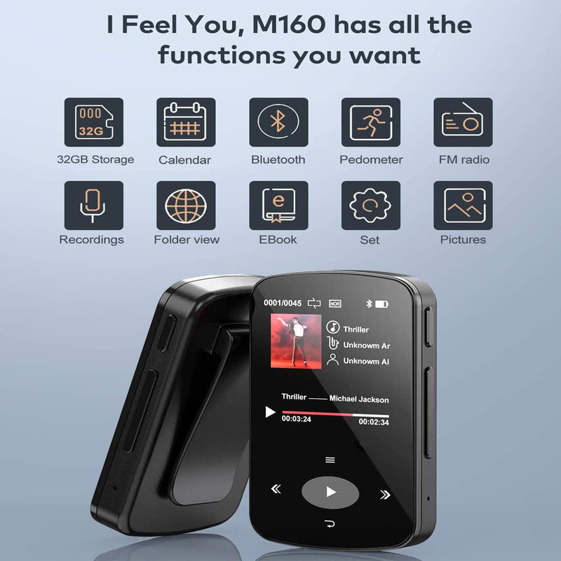  [AUSTRALIA] - 32GB MP3 Player with Clip, Portable Music Player Bluetooth 5.0 Lossless Sound with FM Radio, E-Book, Voice Recorder for Sport Running, Supports up to 128GB Micro SD Black CCHKFEI-B9-32G-Black