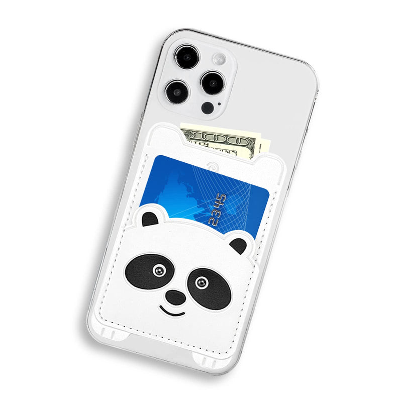  [AUSTRALIA] - Cell Phone Wallet,White Leather Cute Panda, Secure Card Holder for iPhone, Android & Smartphones,Premium Leather,Adhesive Sleeve Pocket,Minimalist Design