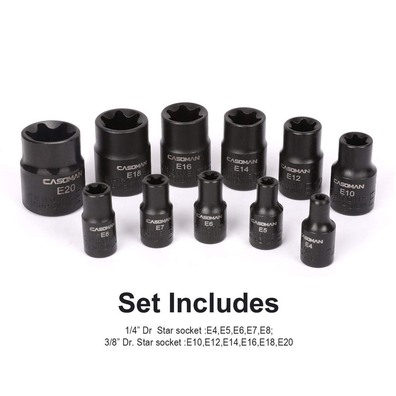  [AUSTRALIA] - CASOMAN 11 PC Female E-TORX Star Socket Set with Rail, Female External Star Socket Set, E4 - E20 Torque Socket Set