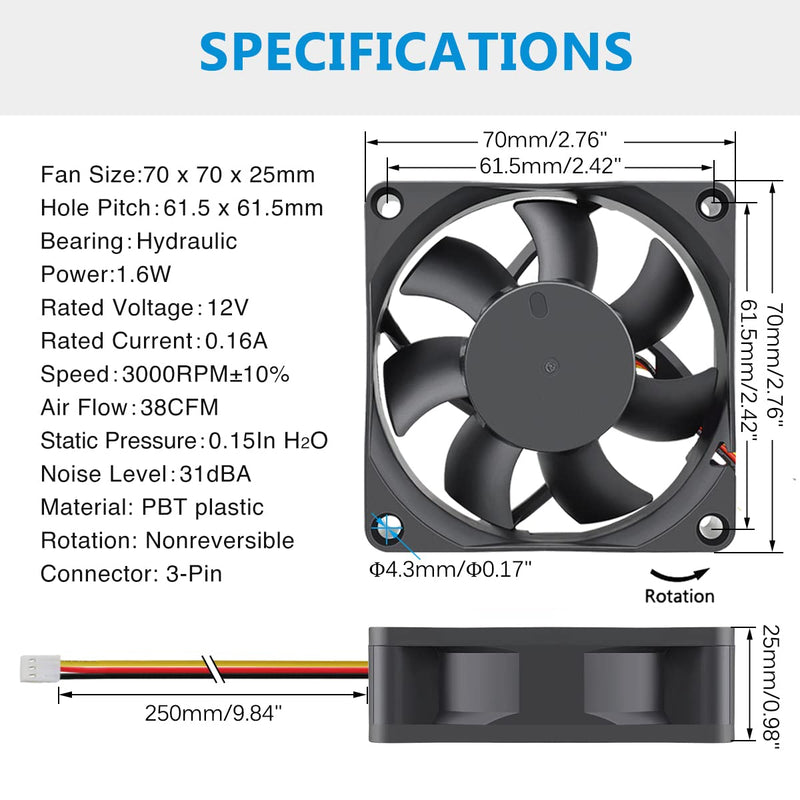  [AUSTRALIA] - GDSTIME 12V DC 3PIN 70mm Fan, 70mm x 70mm x 25mm Brushless Cooling Fan