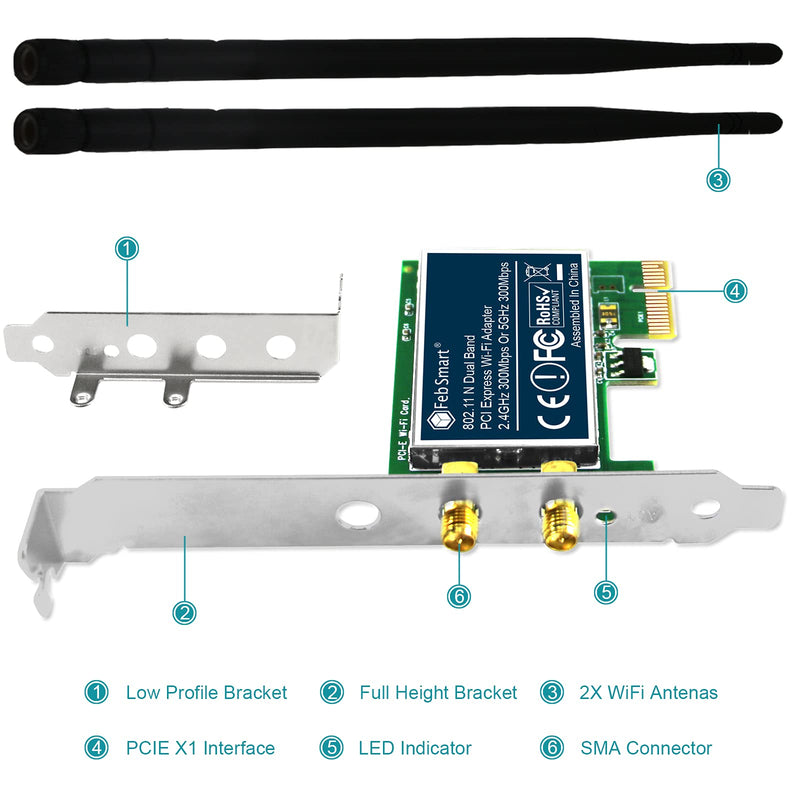  [AUSTRALIA] - FebSmart Wireless Dual Band N600 (2.4GHz 300Mbps or 5GHz 300Mbps) PCI Express Wi-Fi Adapter for Windows XP 7 8 8.1 10 Server System (32/64bit) Desktop PCs-2-Stream MIMO PCIE Wi-Fi Card (FS-N600)