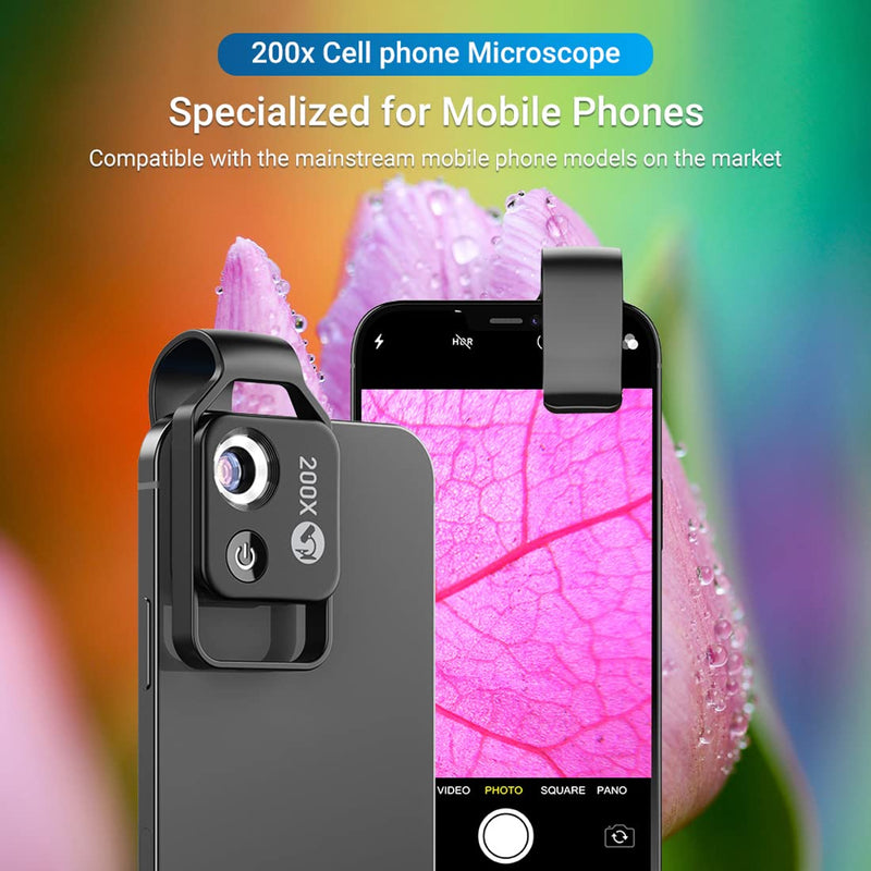  [AUSTRALIA] - FKN Phone Microscope Attachment 200X, Mini Pocket Microscope with CPL iPhone Camera Lens Attachment Trichome Coin Microscope with Universal Clip Fits for Kids Adults (Black) Black