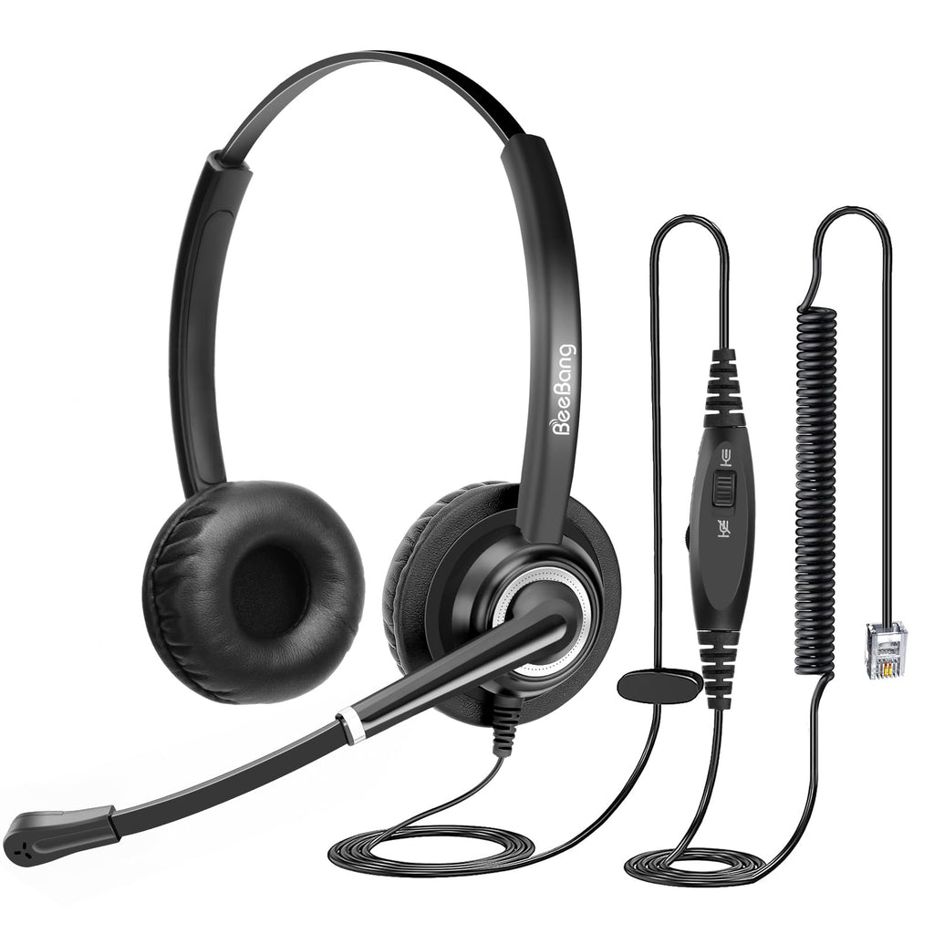  [AUSTRALIA] - Beebang Telephone Headset with Microphone Noise Canceling for Office Landline Deskphone, with Mic Mute Volume Controller, Binaural RJ9 Phone Headset for Call Center Polycom Avaya Nortel