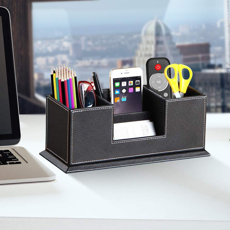 PUSU Leather Cute Pen Organizer,Pencil Holder,Pen Cup/Stand/Tray/Container/Caddy,desk organizers and accessories,Office Supplies Desktop Storage Box for Stationery,Business Card,Phone,etc.… (black) black - LeoForward Australia
