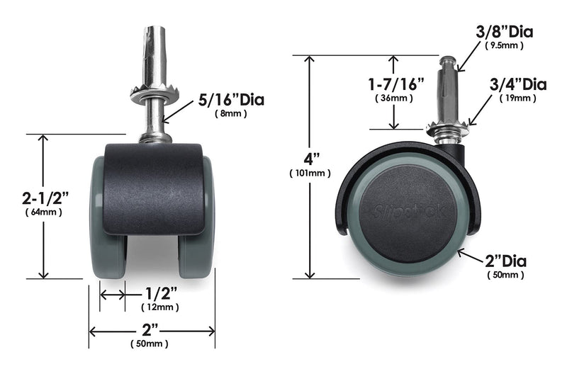 Slipstick CB681 2 Inch Floor Protector Rubber Caster Wheels (Set of 4) 5/16 Inch Stem or Top Plate Mounting Options - Black/Gray - LeoForward Australia